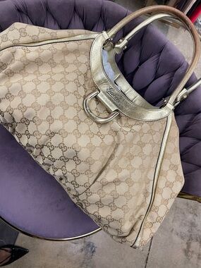 Gucci Beige Monogram Tote with Gold Accents